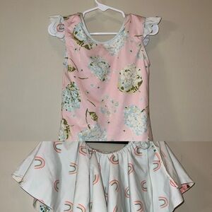 SweetHoney Pink Floral Leotard and Skirt Set with Rainbow Accents